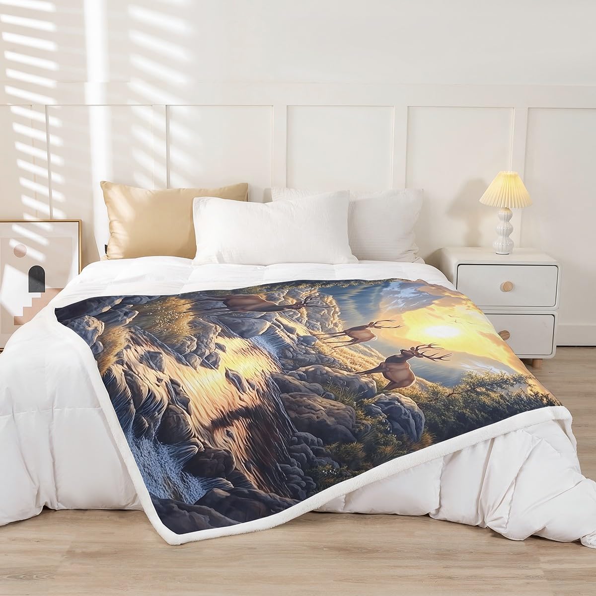 Manfei Hunt Deer Kids Throw Blanket,Natural Sunset Mountain River Bed Blanket for Boys Girls,Wildlife Rustic Animal Cabin Farmhouse Fleece Blanket,Brown Fuzzy Blanket,Queen Size (90 x 90 Inches)