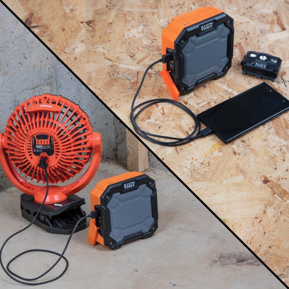 Klein Tools AEPJS3 Bluetooth Jobsite Speaker With Magnet and Hook, 20-Hr Run Time, Charge Via USB A or C, Pair Multiple Speakers via Broadcast, Hands Free Capable