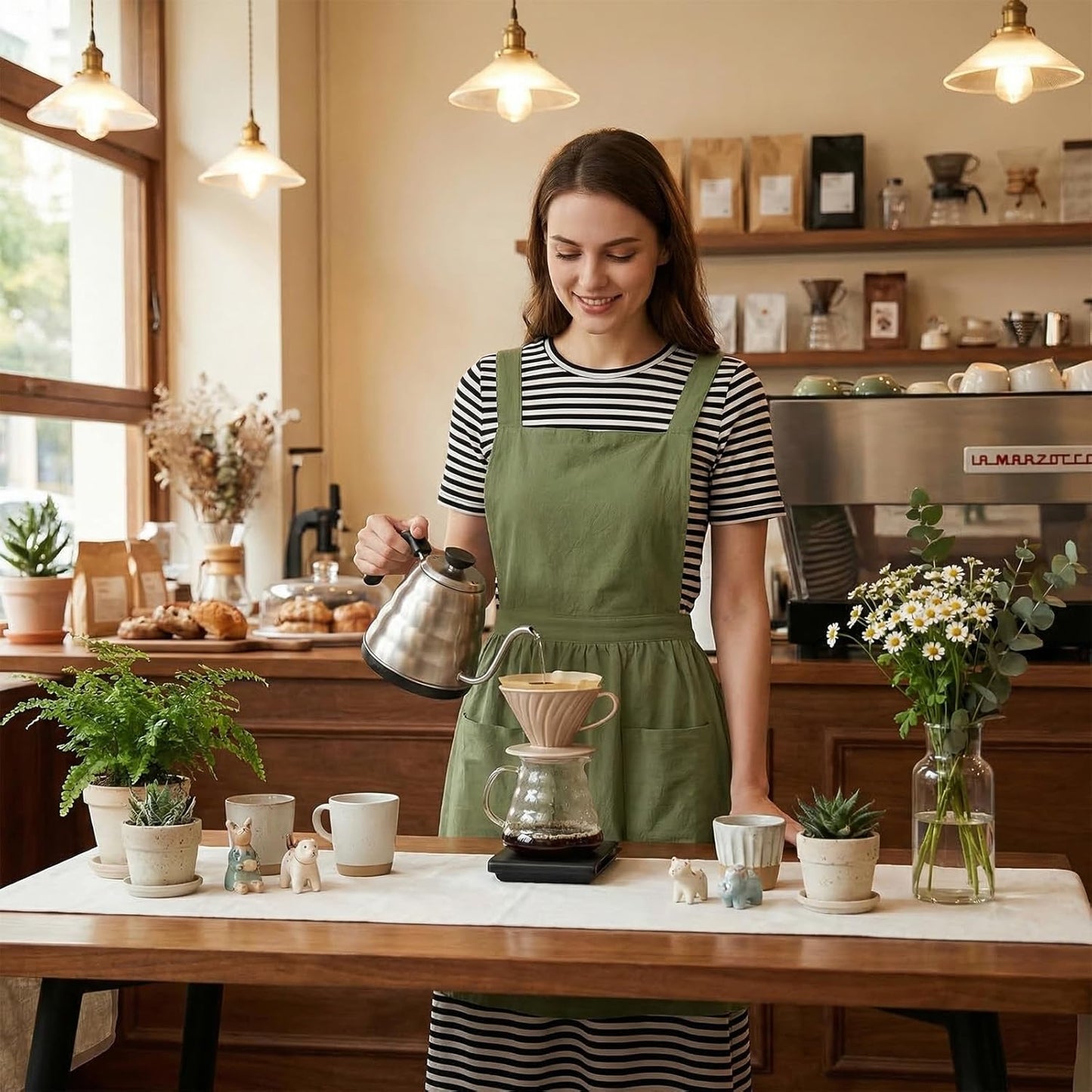 Yolyoo Cotton Linen Pinafore Apron for Women with Pockets Pinafore Dress for Chef Gardening