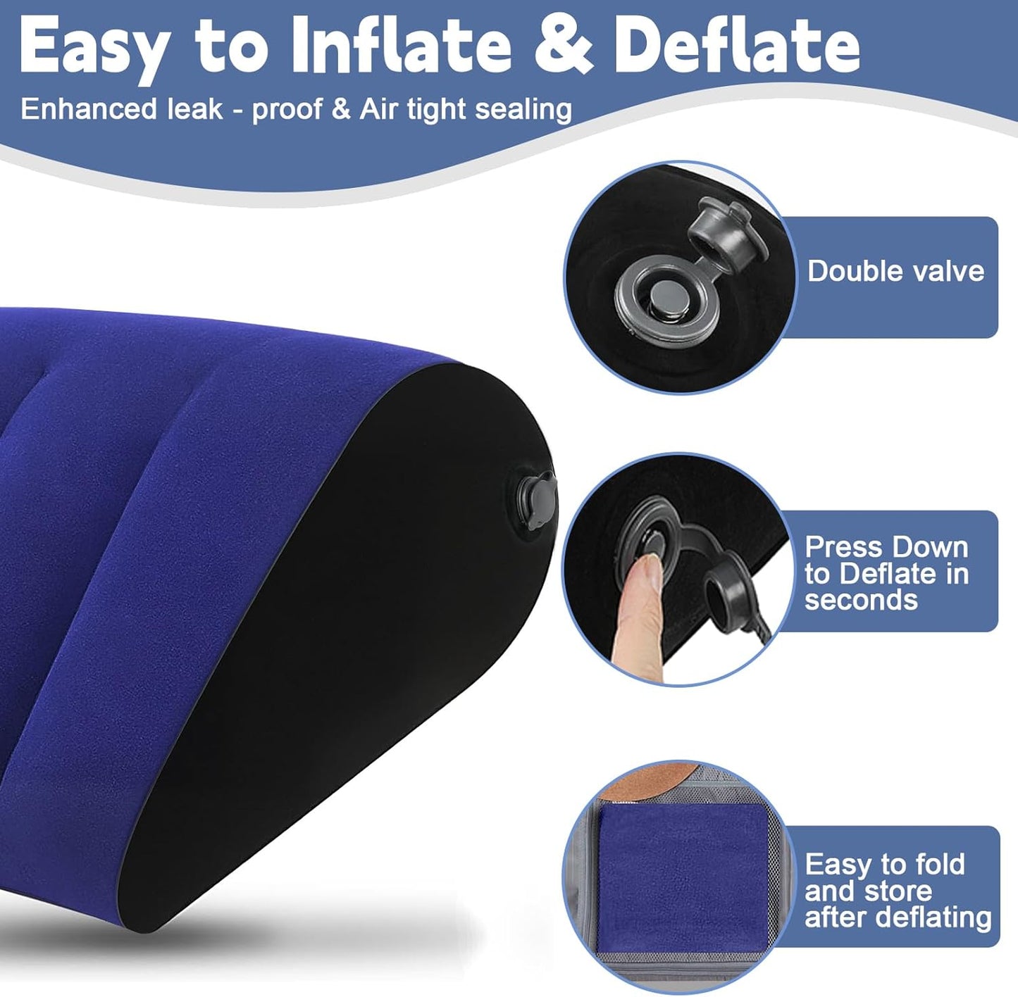 Inflatable Wedge Pillow for Sleeping and Travel - Multi-Purpose Support for Back, Legs, and Knees,Portable Triangle Cushion for Bed, Sofa, or Office,Includes Complimentary Silk Eye Mask(Blue)