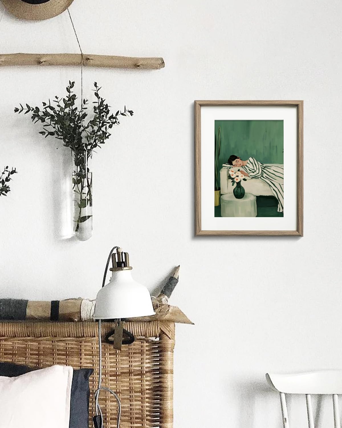 ARPEOTCY Framed Canvas Wall Art, 11x14 Inch Minimalist Woman Resting on Bed Print, Modern Green Aesthetic Wall Decor for Bedroom or Living Room