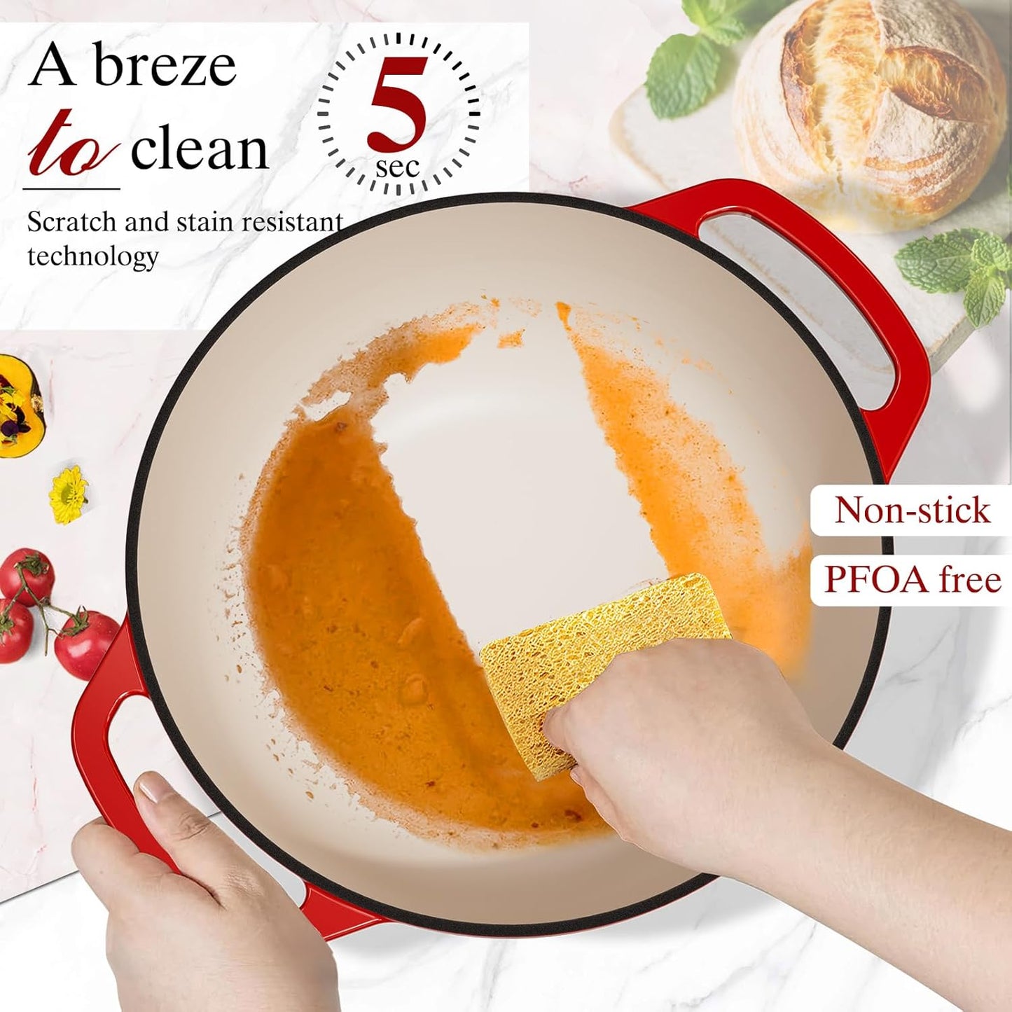 Umite Chef 6QT Enameled Cast Iron Dutch Oven with Lid, Versatile Heavy-Duty Cookware Pot for Baking Bread, Braising, Soups & Stews, Oven & Stovetop Safe with Heat Resistant Gloves（Red）