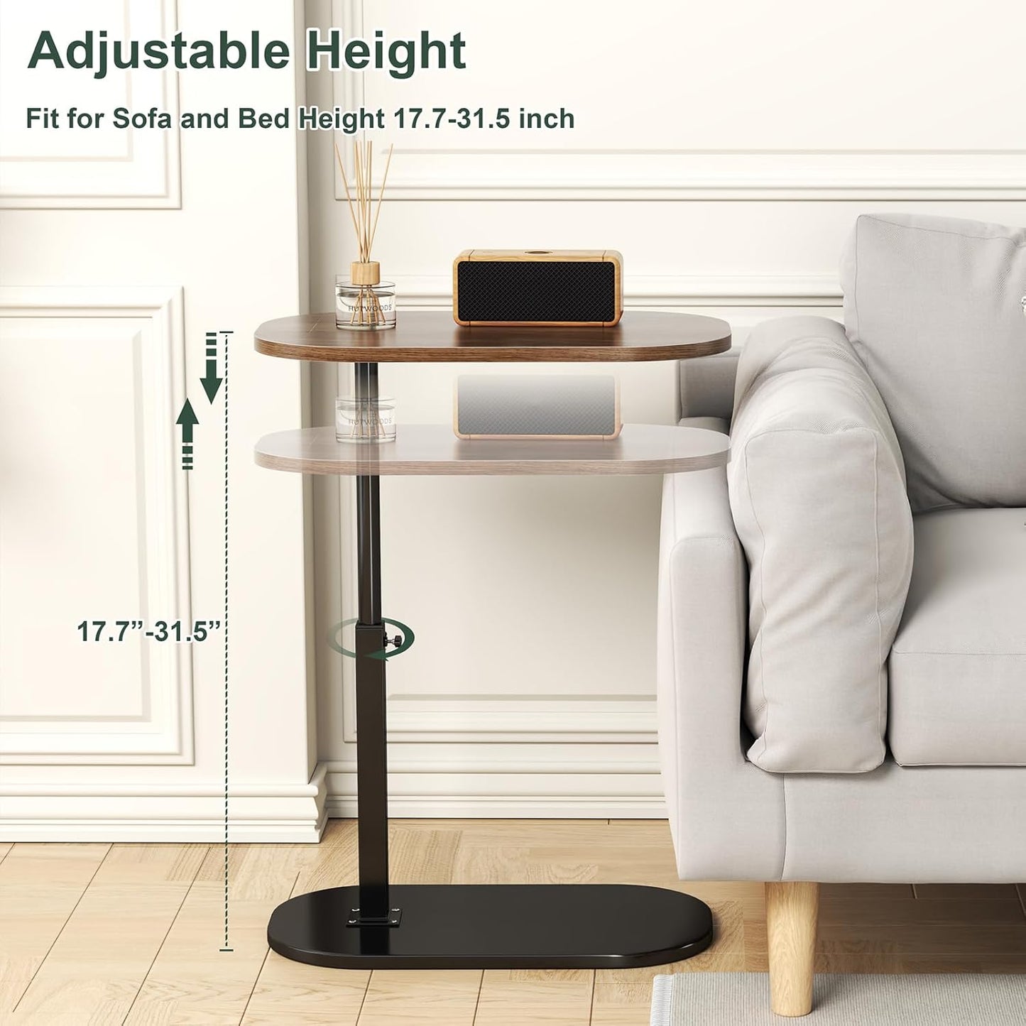 C Shaped Side Table, Adjustable Height C Shaped End Table, 360°Swivel Couch Side Tables that Slide Under, Modern Small Coffee C Table End Table for Sofa/Bed/Bathtub, Rotating Tabletop (Rust Brown)