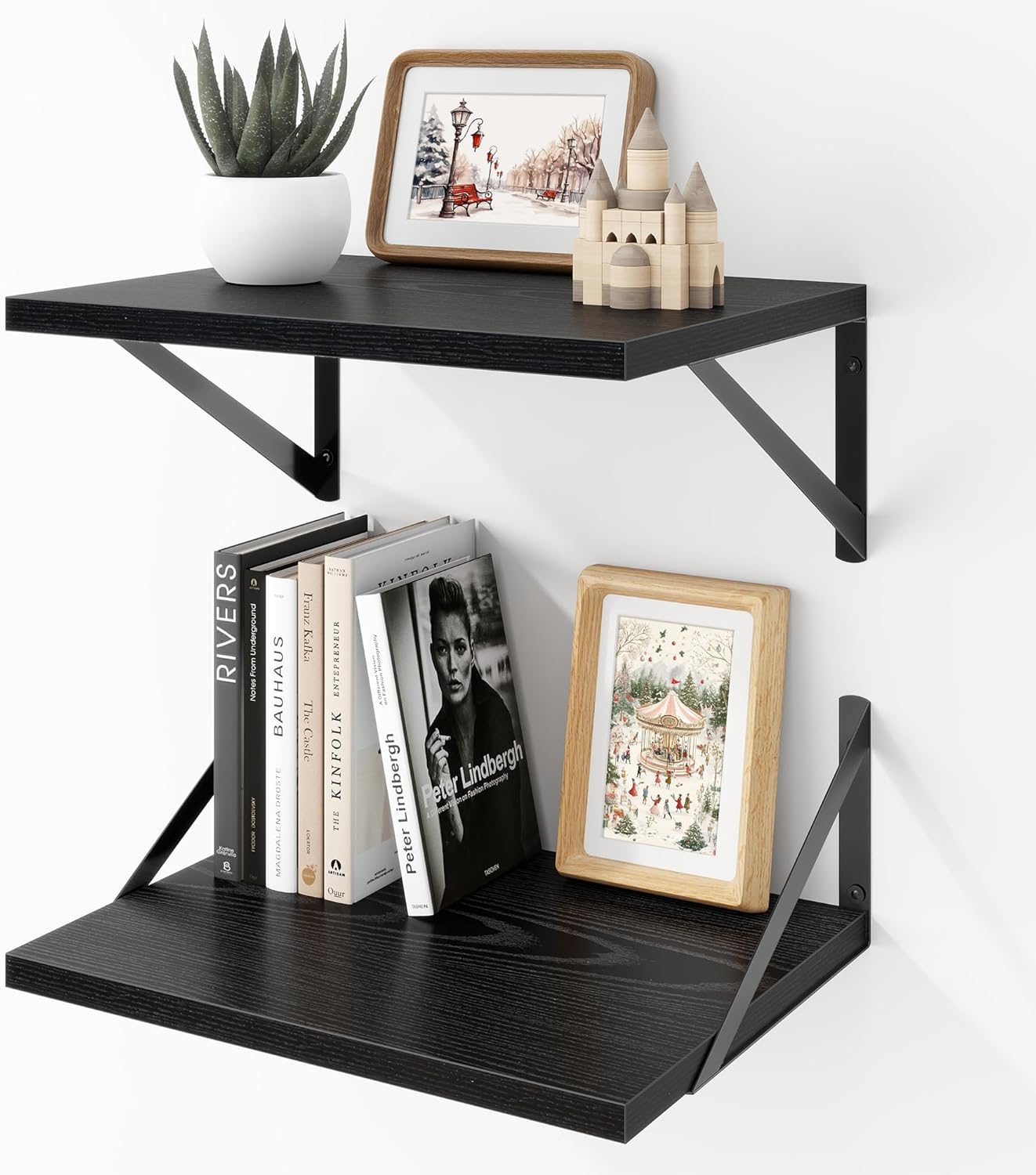 Deep Floating Shelves Wall Mounted, 16"x12" Black Wall Shelves with Brackets Set of 2 for Bedroom, Living Room, Bathroom, Kitchen, Office - Storage & Display Shelf for Decor, Books, Plants