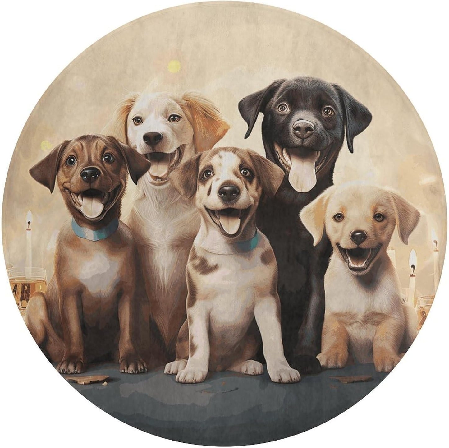 Dogs Happy Party Circle Rug Retro Luxury Coral Velvet Floor Mat Non Slip Soft Indoor Floor Carpet Comfy Thickened Area Rugs Modern Aesthetic Minimalist Carpets for Home Decor