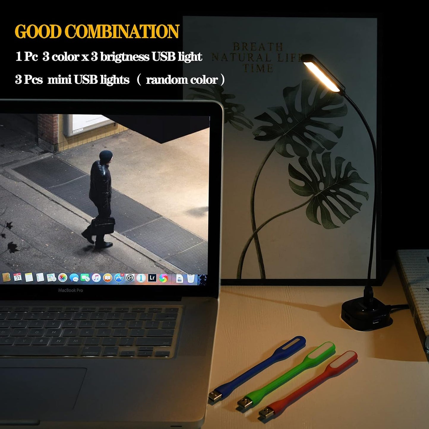 USB Reading Light, Laptop Keyboard Light for Computer Adjustable Gooseneck, 3 Color x 3 Brightness USB Lamp/1pc + 3pcs Mini LED (1 + 3)