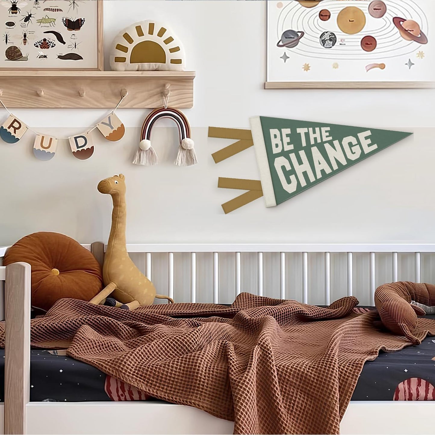 Kids Room Decor, Be the Change Inspirational Pennant Felt Banners Flags, Green Inspirational Wall Hanging Banner for Toddler Boys Nursery Room Bedroom Playroom Classroom Decor, 7.4x14 Inch