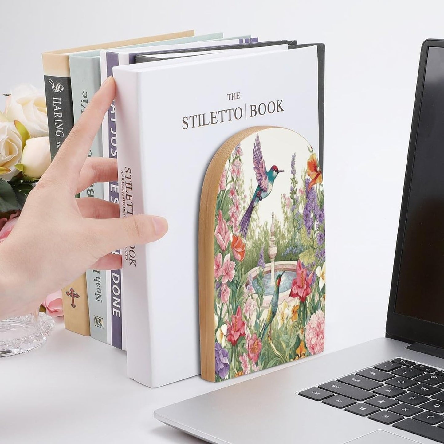 Garden with Birds and Flowers Bookend for Shelves Wooden Book End Large Size Sturdy Book Holders Stoppers with Metal Base for Bookshelves Slick Decorative Bookends Stands