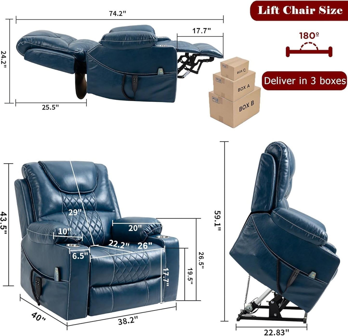 Large Power Lift Recliner Chair for Elderly, Dual Motor Infinite Position Reclining Sofa with Massage and Heat, Blue Leather Home Theater Seat with Cup Holders
