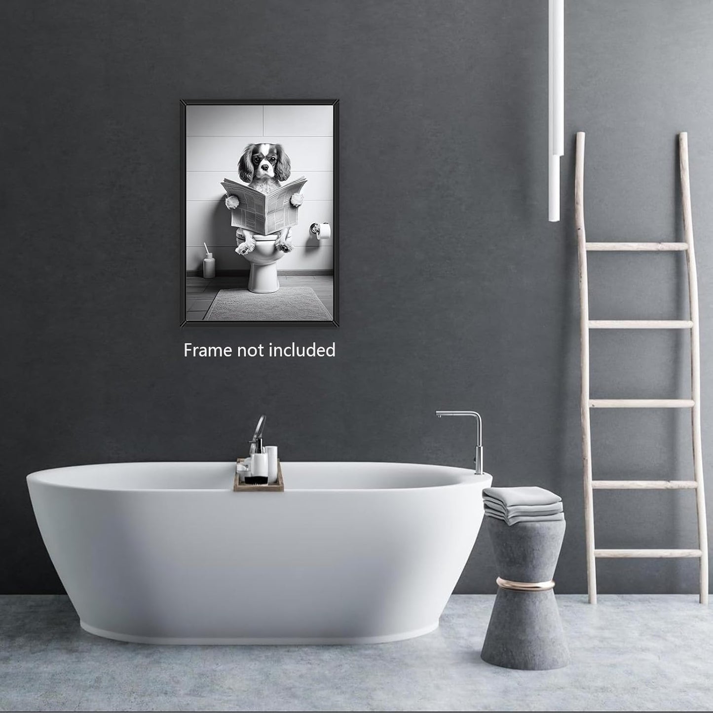 Funny Bathroom Dog Wall Art Black and White Animal Pictures Print Cavalier King Charles Spaniel Reading Newspaper Poster Artwork Decor 8x10in Unframed for Bathroom Restroom Home