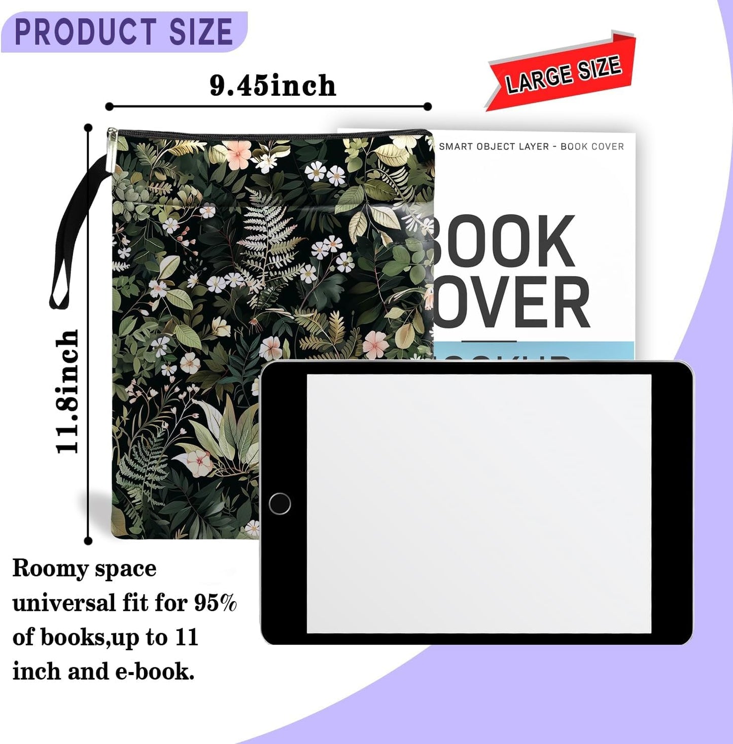 Green Leaf Pattern Book Sleeve, Book Lovers Gifts Waterproof Book Cover for paperbacks with Zipper and Front Pocket Book Pouch for Girl Best Friend Birthday Graduation Christmas Gifts