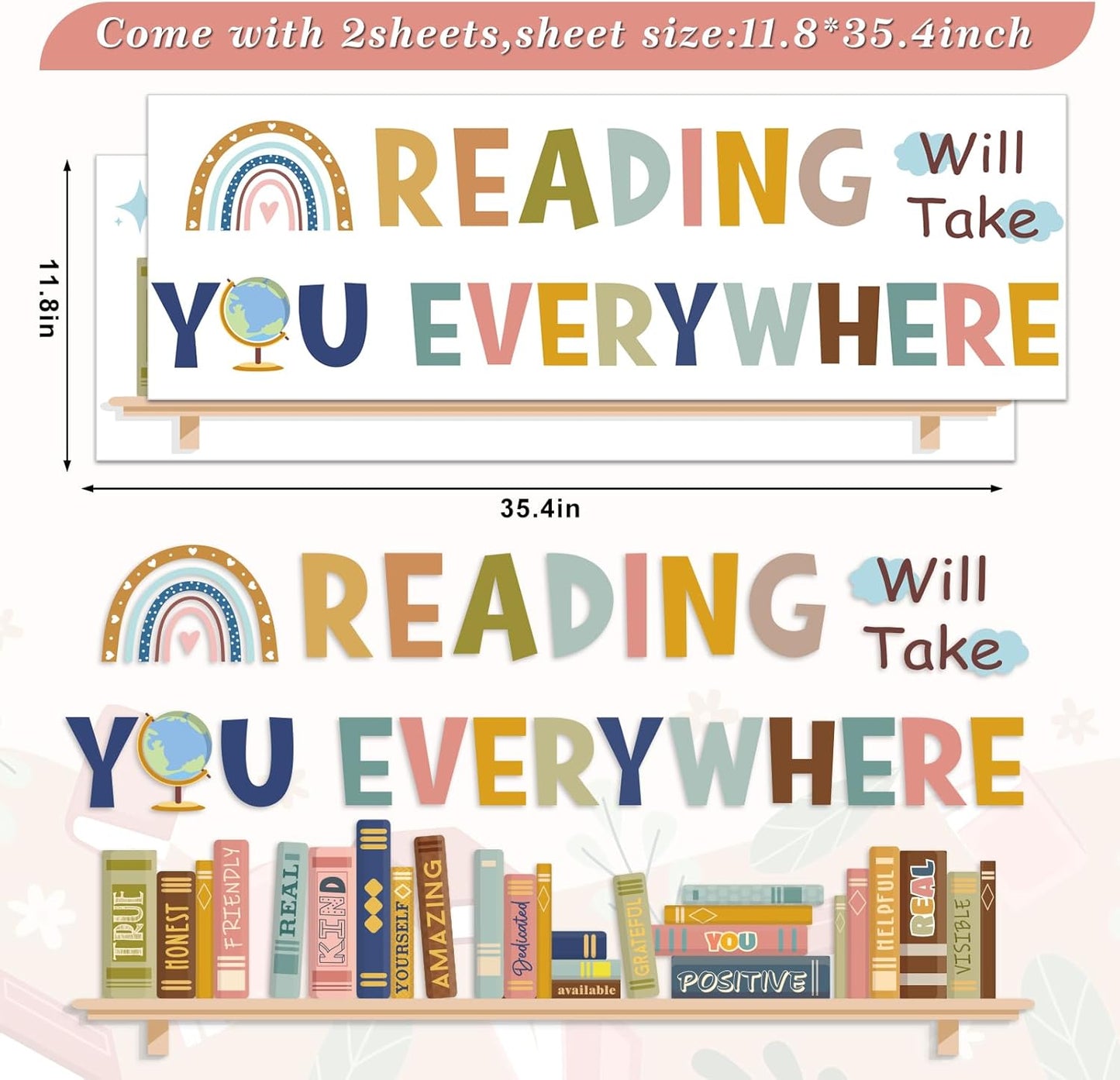 JarThenaAMCS Boho Reading Will Take You Everywhere Wall Stickers Inspirational Quote Wall Decals Motivational Phrase Room Mural Stickers for Back to School Home Classroom Library Study Room Decor