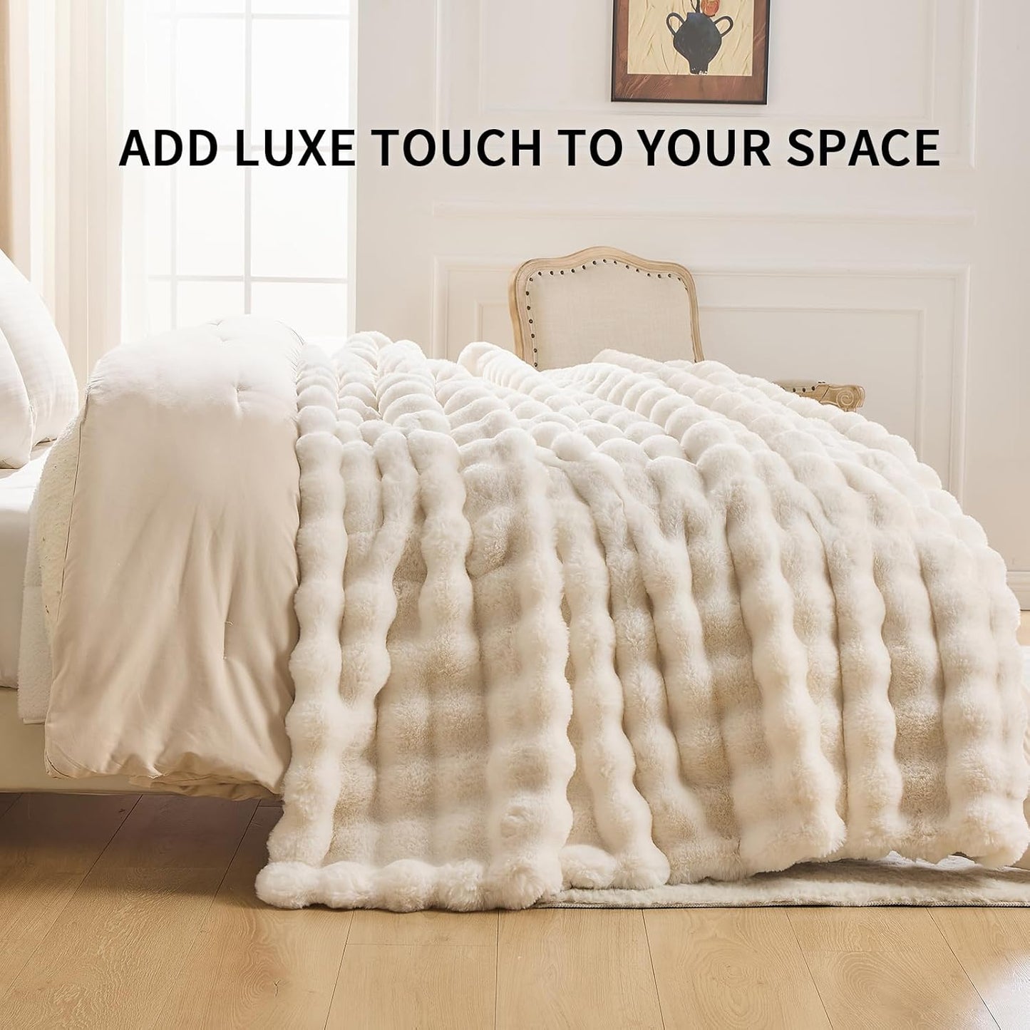 Cozy Faux Fur Throw Blanket for Couch-Warm Fuzzy Throw Blanket, Soft Plush Thick Bubble Blankets for Bedroom and Living Room, Furry Luxury Blanket, 50 x 60, Cream