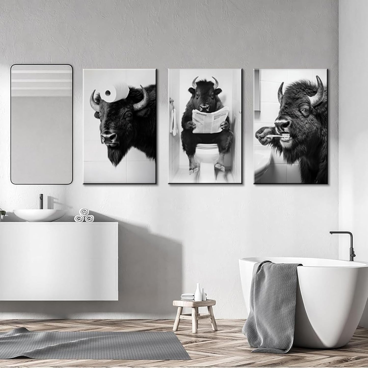 Funny Bison Bathroom Wall Art - 3 Piece Black and White Buffalo on Toilet Canvas Prints, Humorous Animal Pictures for Restroom Decor, 12x16 Inch Framed, Unique White Elephant Gift