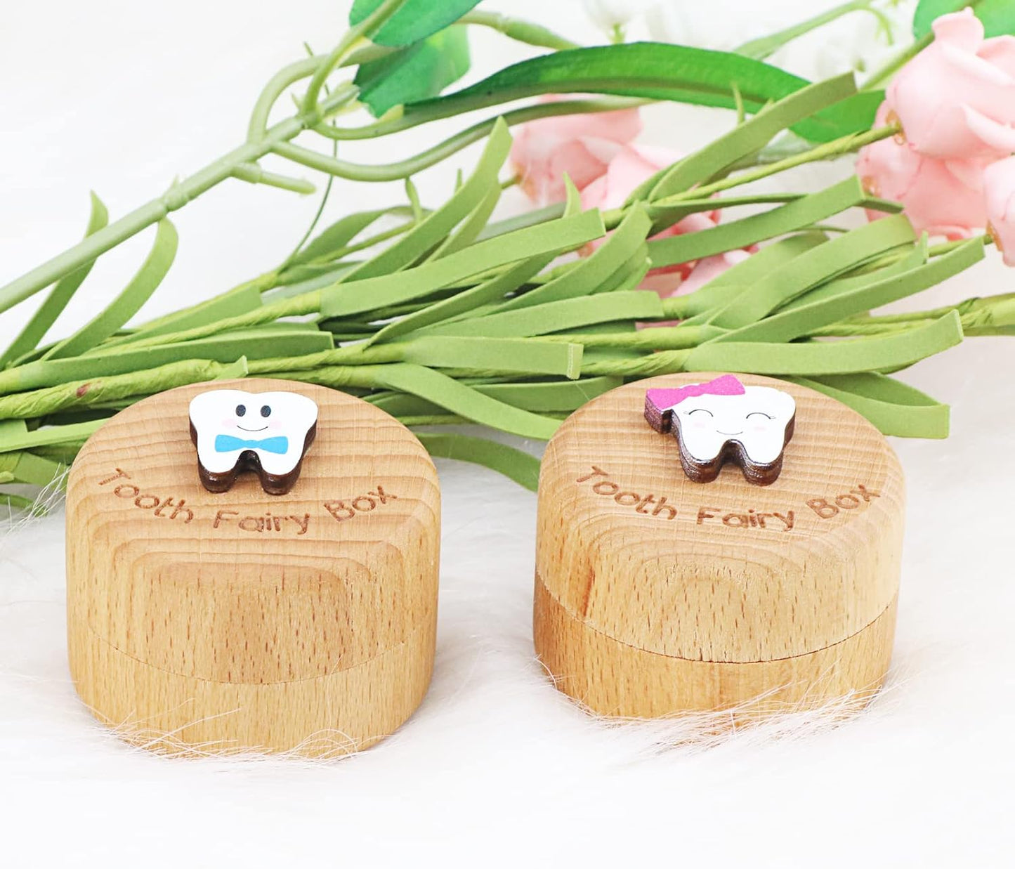 Tooth Fairy Box for Girls and Boys Wooden Cute Tooth Box with 3D Tooth, Lost Teeth Storage for Kids, Dropped Tooth Keepsake Box Gift (Pink and Blue)