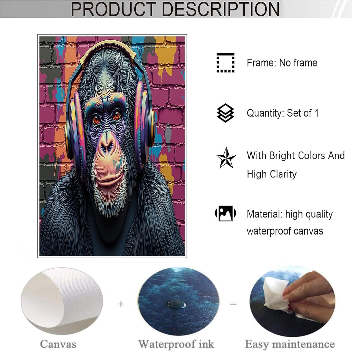 GDJSMIN Street Art Style Wall Art, Animal Monkey Wearing Headphones Poster for Reading Room Living Room Decor 24 x 36 inch Unframed