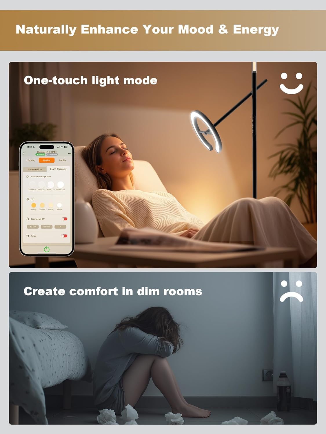 GLOWRIUM Smart Light Therapy Lamp, 10000 Lux UV-Free Sun Lamp, 2700-6500K Floor Lamp Therapy Light, Stepless Dimmable Energy Sunlight with App & Remote, Timer, Cozy Light Settings for Winding Down