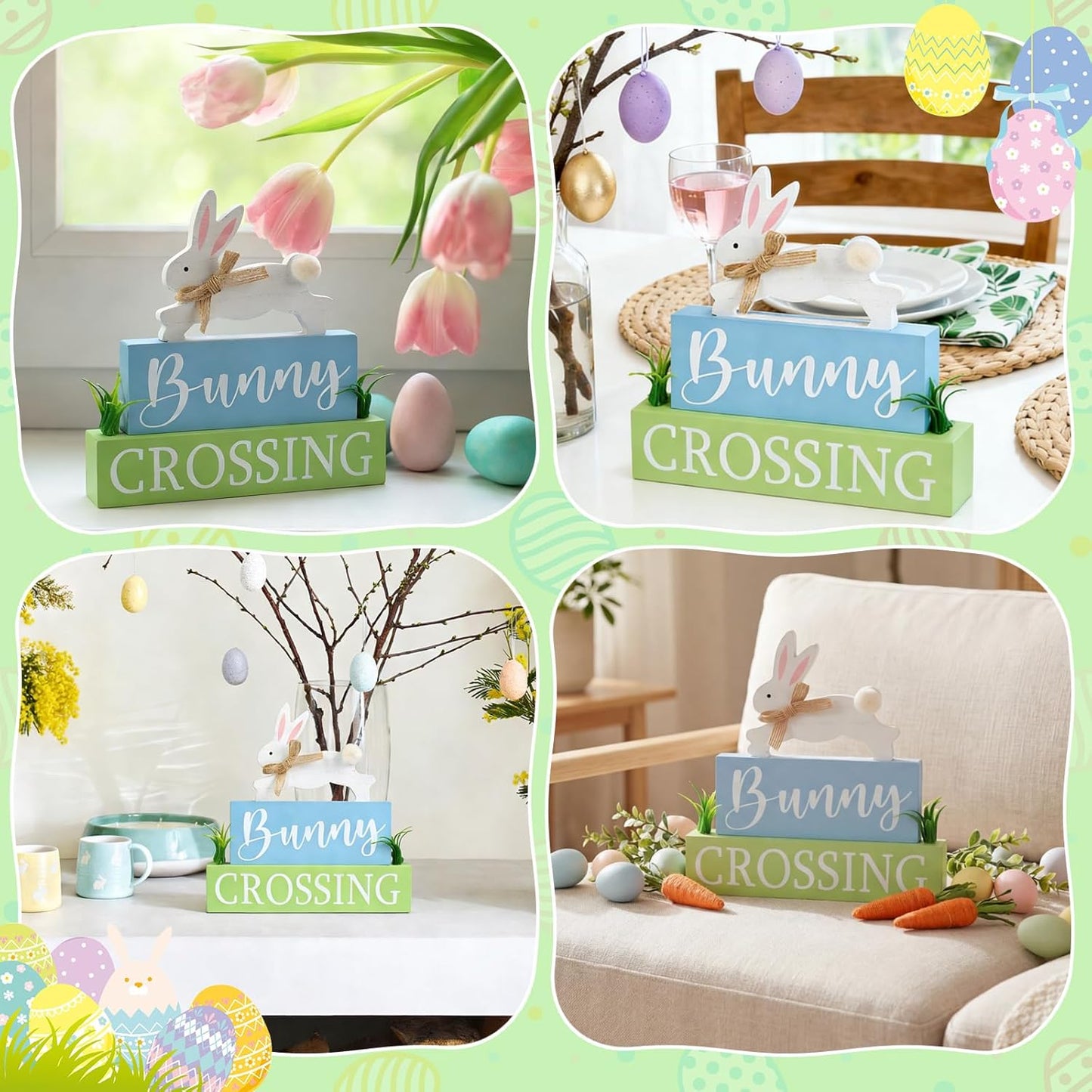 Easter Wooden Decorations, Bunny and Crossing Signs with Rustic Design, Spring Holiday Home Decor