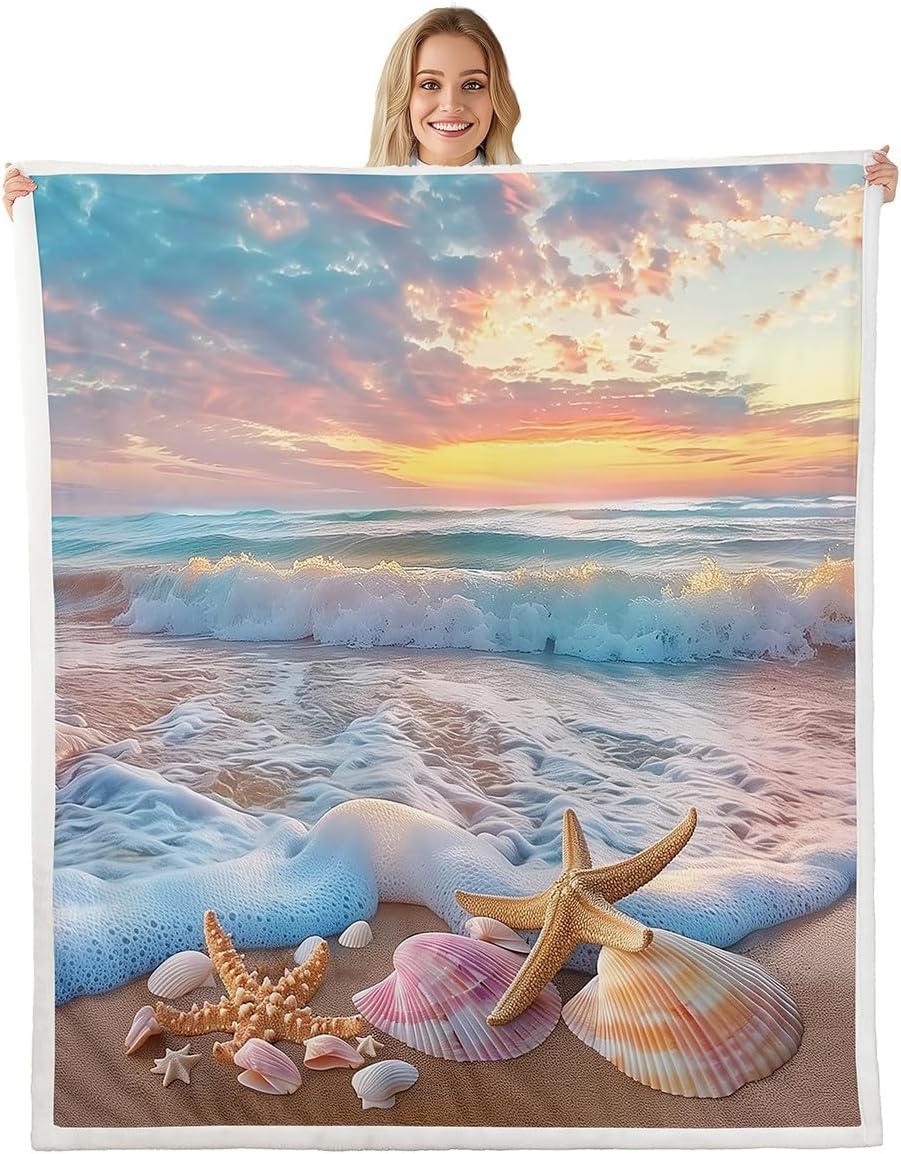 Erosebridal Ocean Beach Sherpa Blanket Throw 50x60 Sea Wave Pink Starfish Shell Fleece Blanket Sunrise Tropical Landscape Fuzzy Plush Throw Coastal Scenery Pink White Decor