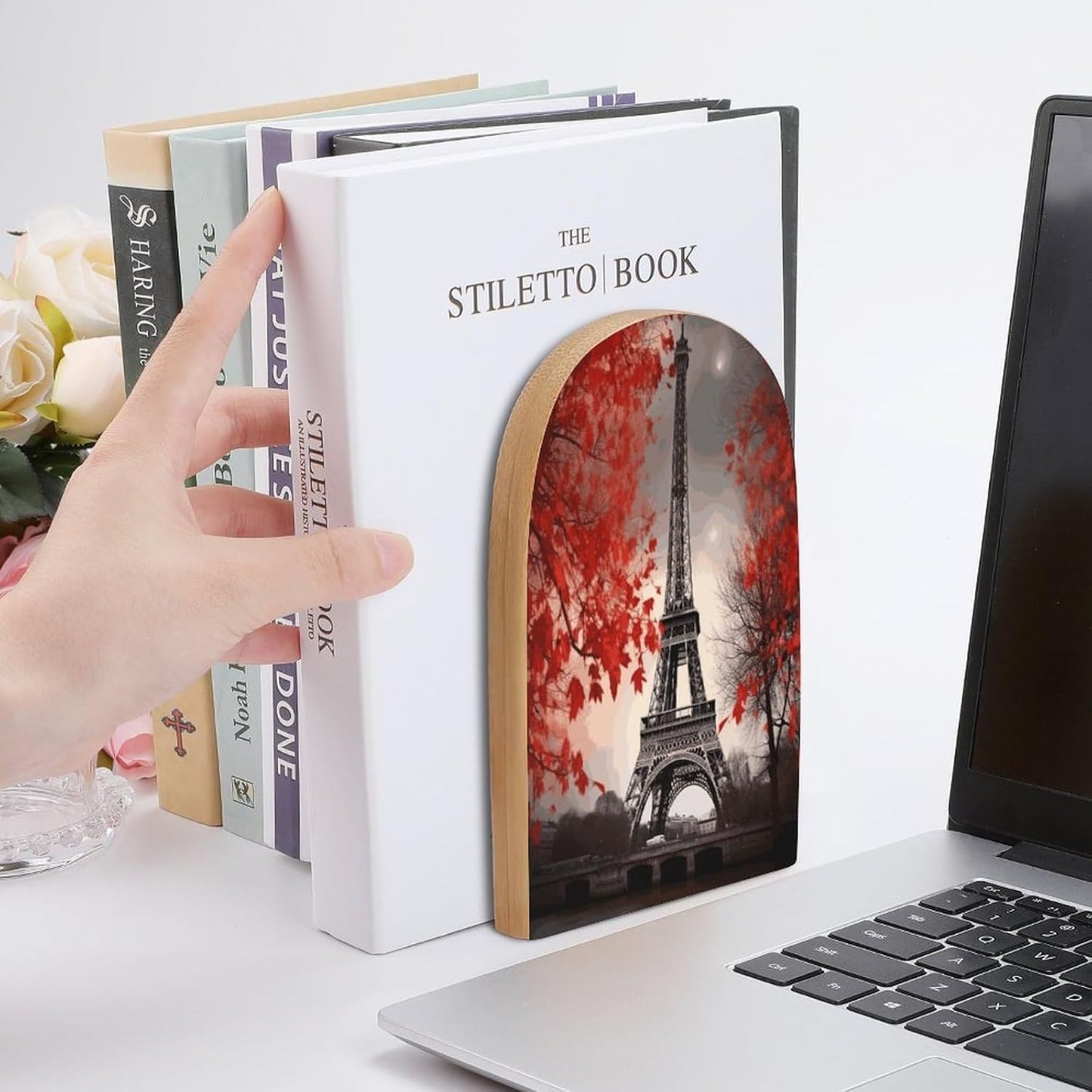 Eiffel Tower Autumn Leaves Bookend for Shelves Wooden Book End Large Size Sturdy Book Holders Stoppers with Metal Base for Bookshelves Slick Decorative Bookends Stands
