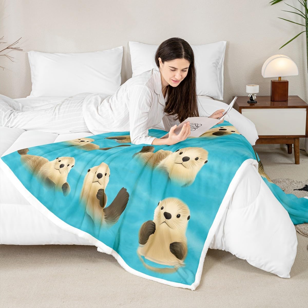 Feelyou Kids Fleece Blanket Cute Cartoon Otter Plush Blanket for Sofa Bed Couch Kawaii Zoo Animal Sherpa Throw Blanket Wildlife Otters Fuzzy Blanket Room Decor Throw 50"x60"