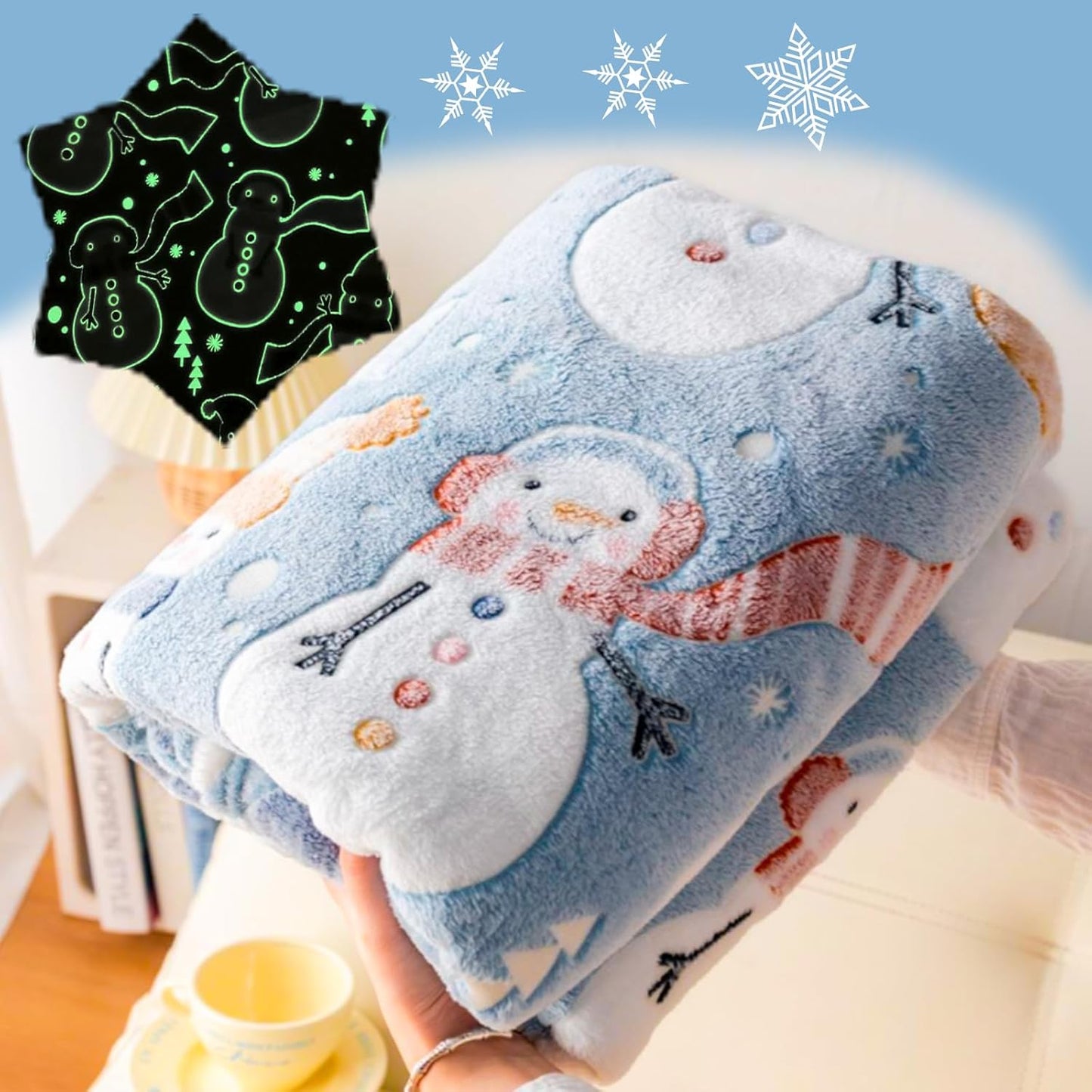 Christmas Blanket Snowman Blankets Gift, Glow in The Dark Blankets, Cozy Soft Fleece Blankets for Holiday Décor, Children Boys Girls Teens Holiday, 50"*60", Kids Blanket, Sky Blue