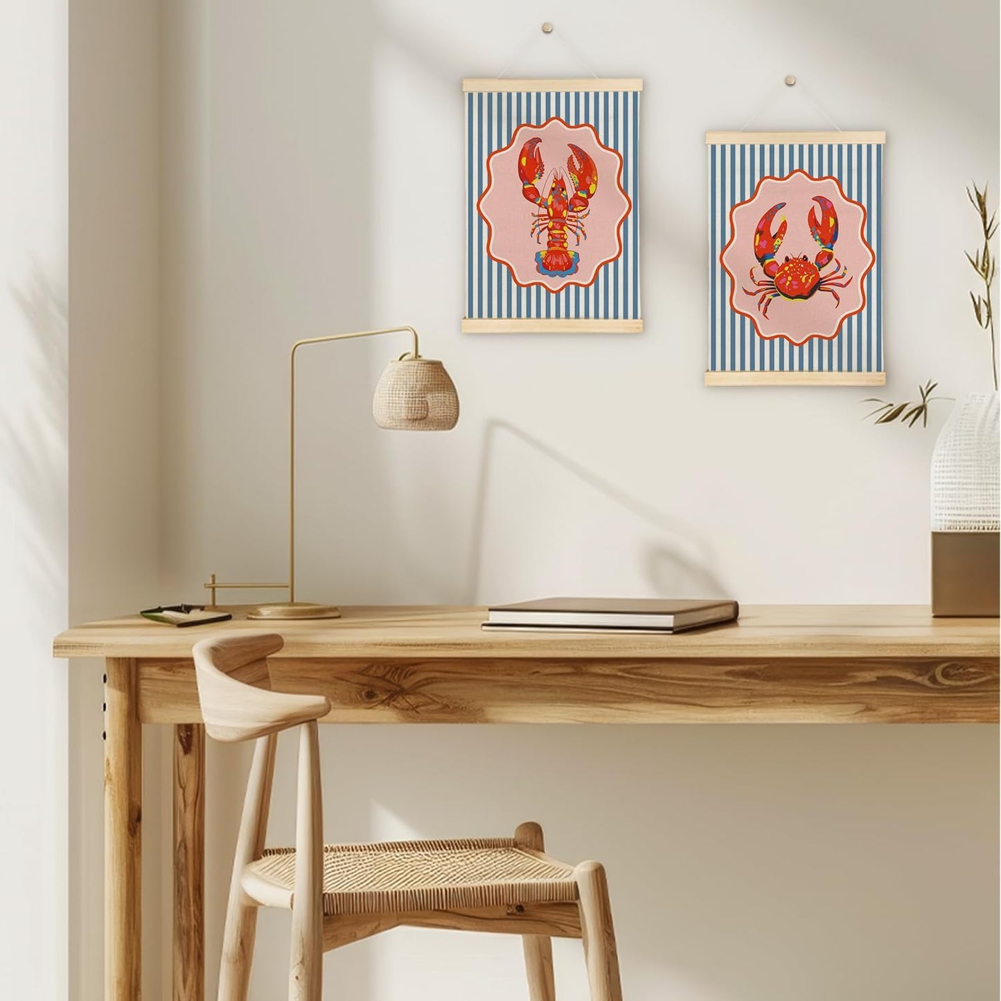 ATBWGT Lobster Crab Coastal Beach Wall Art Decor, Coastal Room Decor, Blue Striped Ocean Crawfish Crab Poster Hanger Frame for Bedroom Living Room Beach House Cabin, 12x16 Inch Set of 2
