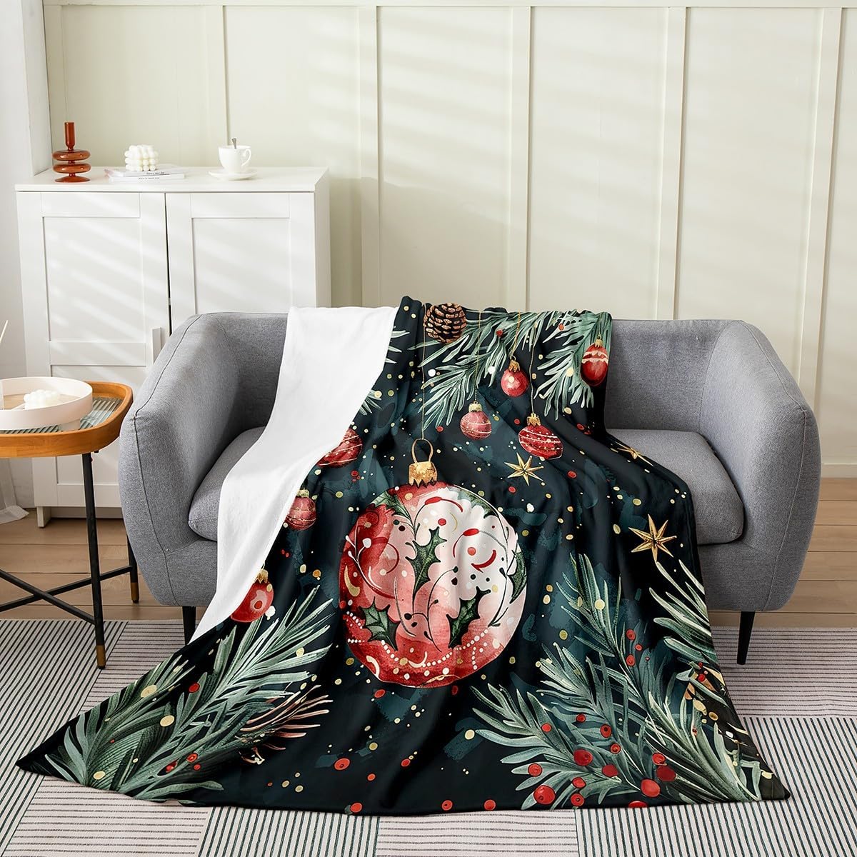 Feelyou Christmas Plush Throw Blanket Throw 50"x60" Hollyhock Green Branch Flannel Fleece Blanket for Sofa Couch Boys Girls Christmas Tree All Season for Bed Black Xmas Bright