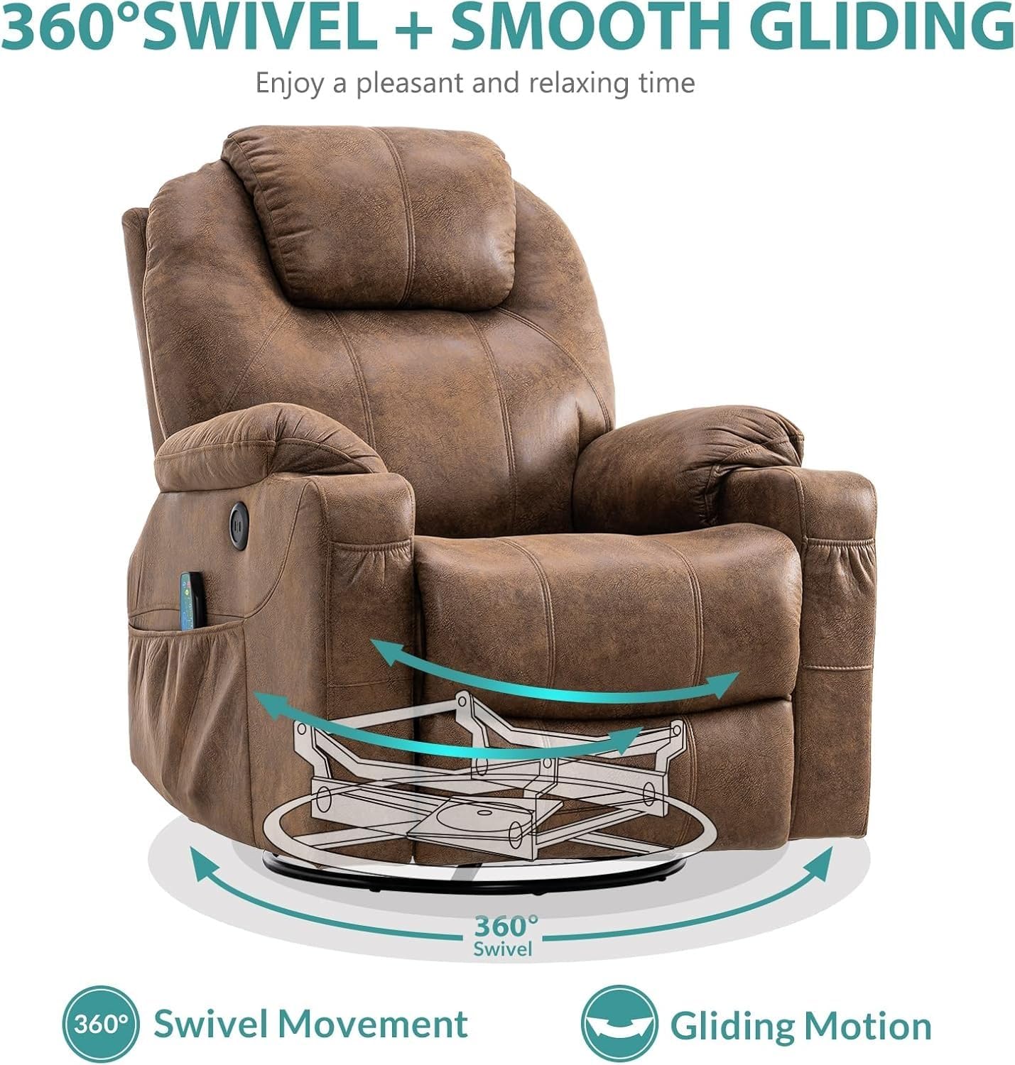 Manual Swivel Rocker Recliner Chair with Heat, Ergonomic Glider Rocking Reclining Chair, 360 Degree Swivel Lounge Chair with Cup Holders & Pockets for Living Room, Bedroom