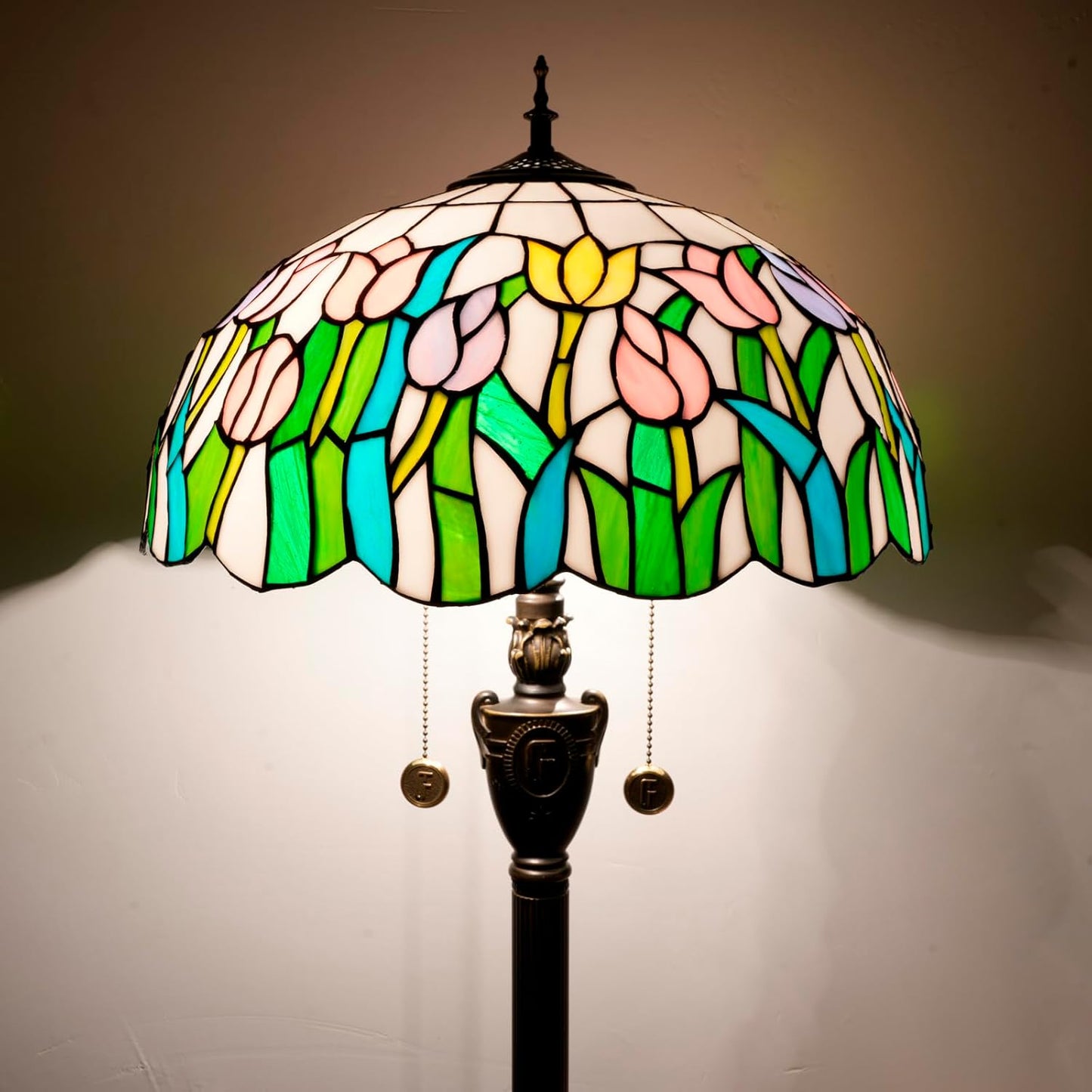 Tiffany Floor Lamp Pink Orange Tulips Stained Glass lamp for Living Room Bedroom Office Bright Lighting Rustic Corner Decor Standing Tall Unique Vintage Reading Aesthetic Light