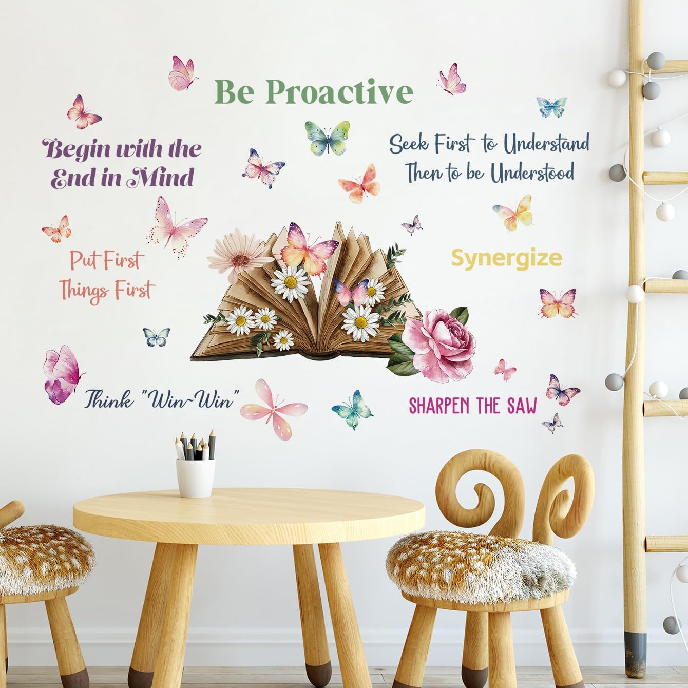 2 Sheets Creative Book Wall Decal - Removable DIY Colorful Flower Butterfly Wall Art with Inspirational Quotes for Girls & Boys Bedroom, Living Room, Bathroom & Study Decor