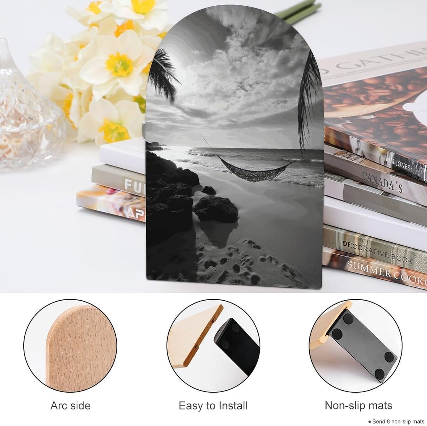 Black and White Beach Bookend for Shelves Wooden Book End Large Size Sturdy Book Holders Stoppers with Metal Base for Bookshelves Slick Decorative Bookends Stands