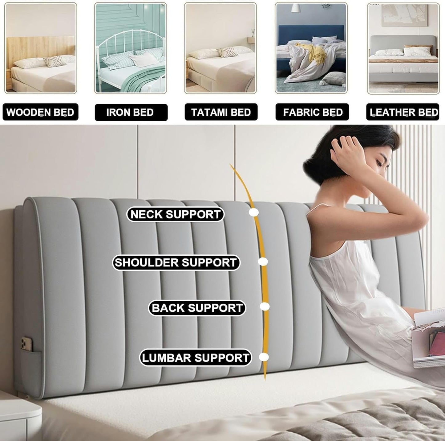 AMNOOL Wipeable Wall Mounted Pillowboard Headboard Cushion Large Bed Backrest Bed Rest Pillow Neck Lumbar Support Pad Home Dorm Daybed Tatami Cushion