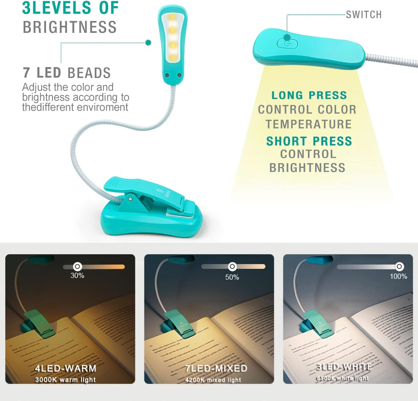 Vekkia Rechargeable Book Light for Reading in Bed, 3 Color x 3 Brightness, Lightweight Reading Light, Up to 70 Hours Lighting, Great for Readers, Travel (Blue)