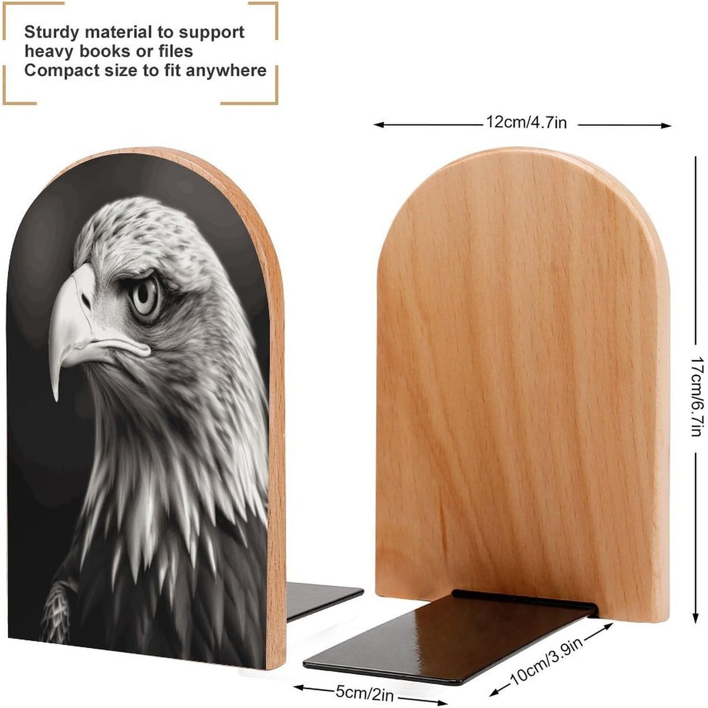 Eagle Black and White Bookend for Shelves Wooden Book End Large Size Sturdy Book Holders Stoppers with Metal Base for Bookshelves Slick Decorative Bookends Stands