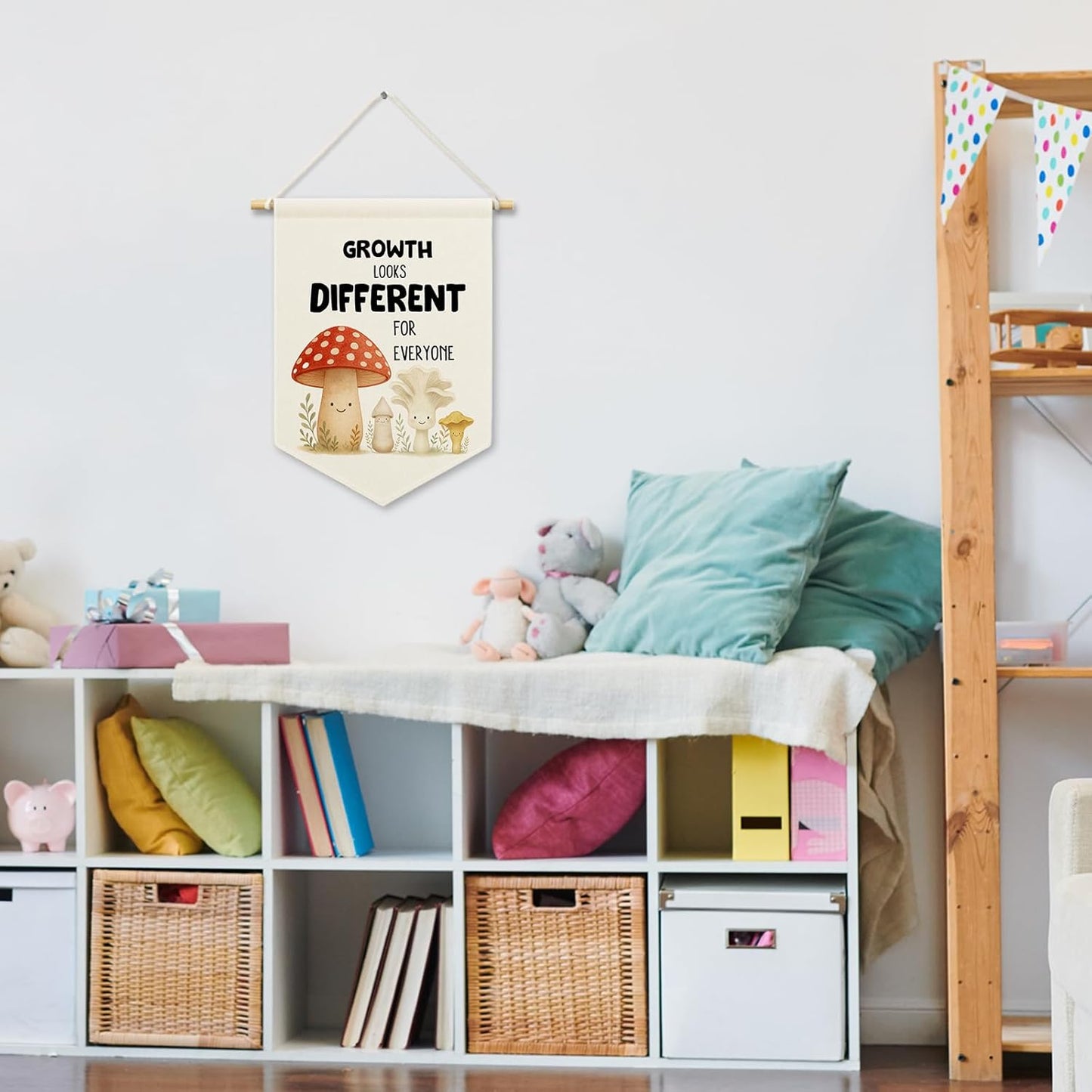 Mental Health Mushroom Kids Room Decor, Cute Nursery Classroom Banner Canvas, Growth Looks Different for Everyone Wall Hanging Frame Decor Art Pennant Flag for Toddler Room Playroom 11x15in