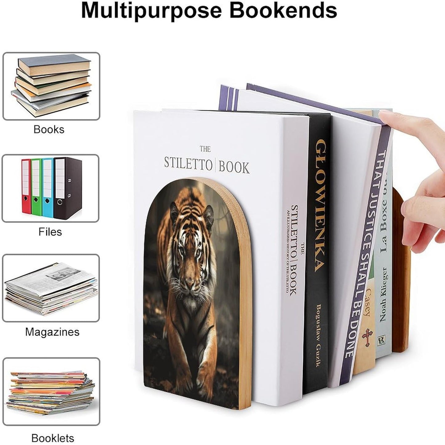 Wild Animals Tiger Bookend for Shelves Wooden Book End Large Size Sturdy Book Holders Stoppers with Metal Base for Bookshelves Slick Decorative Bookends Stands