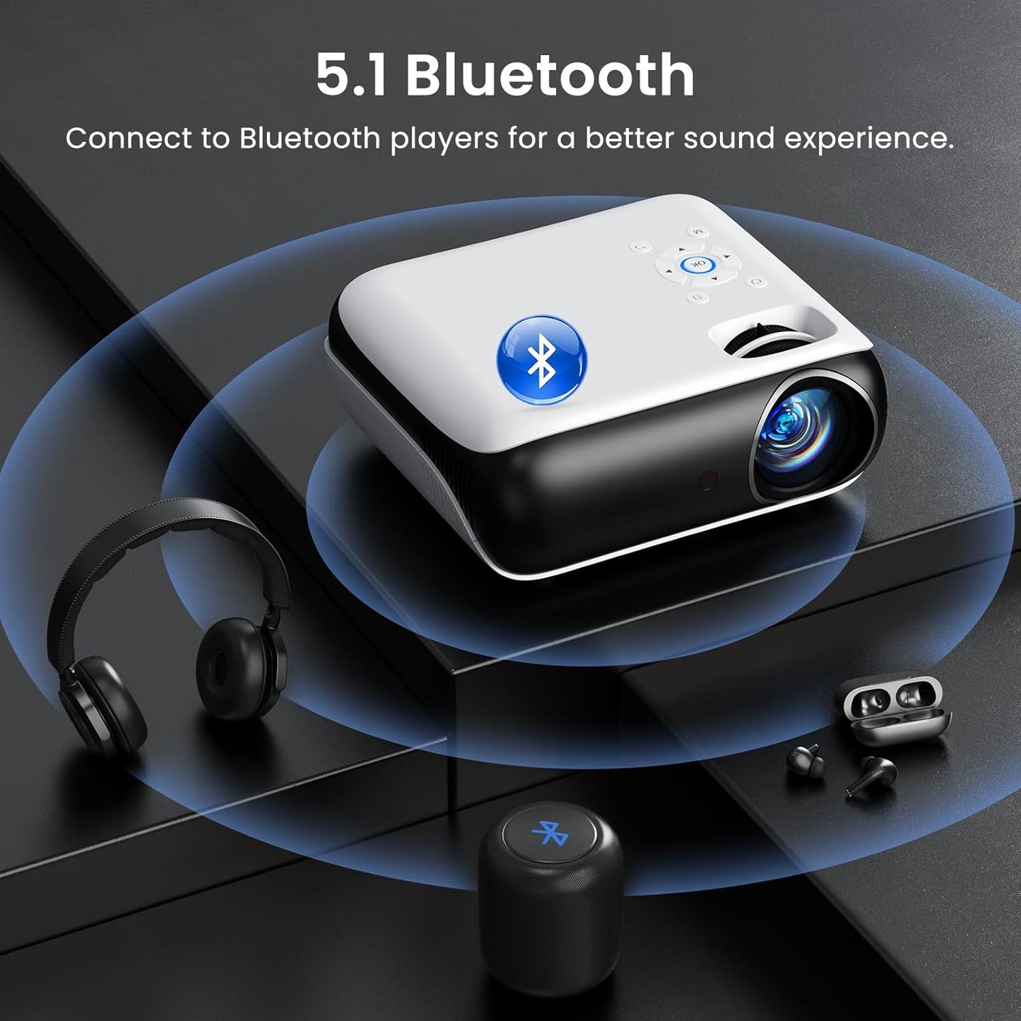 HAPPRUN Native 1080P Bluetooth Mini Projector, Full HD Portable Outdoor Movie Projector with Built-in Speaker, Compatible with Smartphone, HDMI, USB, AV, Fire Stick, PS5 for Home, Bedroom, Outdoor Use