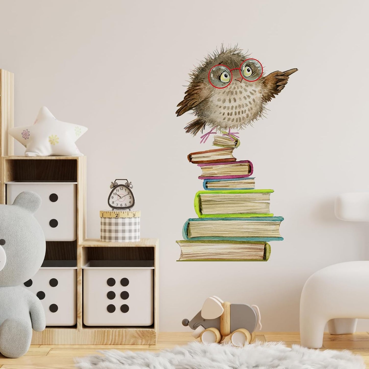 Owls & Books Wall Decals,Cute Animal Wall Stickers, Educational Peel and Stick Wallpaper for Kids Room,Reading Nook,Library Classroom Decor (E)
