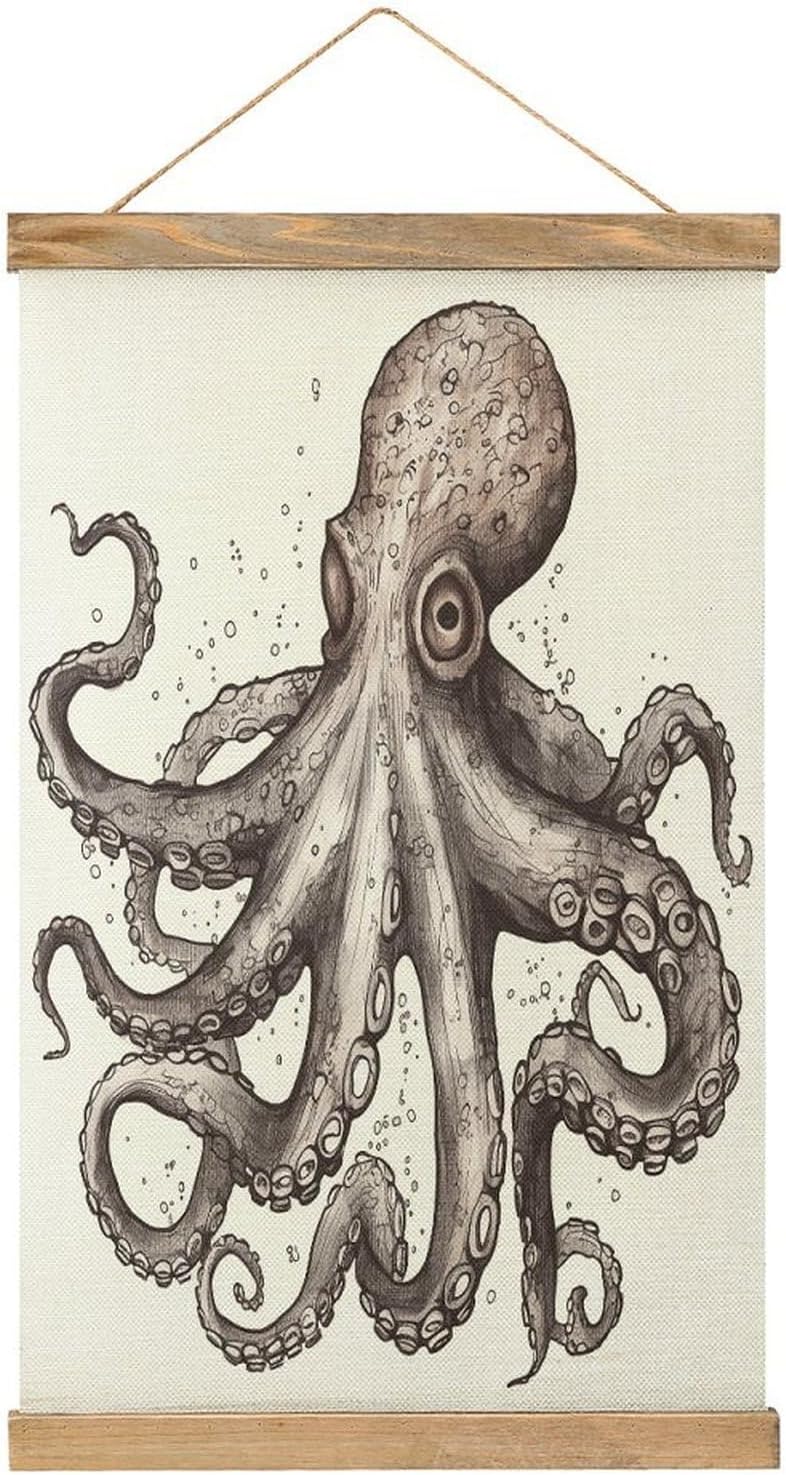 Vintage Octopus Poster with Wooden Frame Personalized Linen Hanging Scroll Painting Rustic Wall Hanging Illustrative Modern Artwork Decor for Home Living Room Bedroom Office