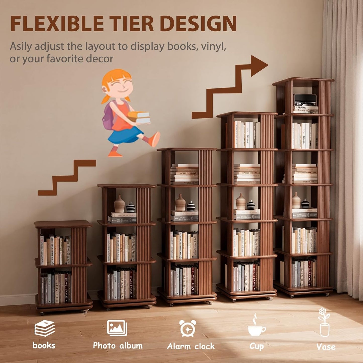 Solid Wood Rotating Bookshelf, 6-Tier Rolling Bookcase，360 Degree Revolving Bookshelf，Spinning Bookshelf Tower for Small Spaces, Bedroom，Office，Living Room，Classroom (Walnut)