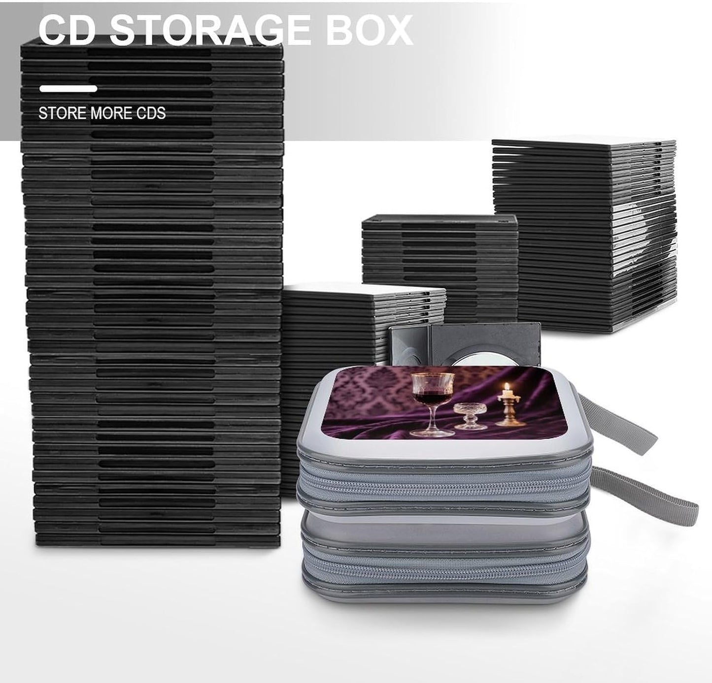 Vintage Red Wine Glass CD Case Portable Zipper CD Case 40 Capacity Hard Plastic DVD Cases Holder Large Storage Disc Wallet Bag for Car Home Travel DVD Collection Bag