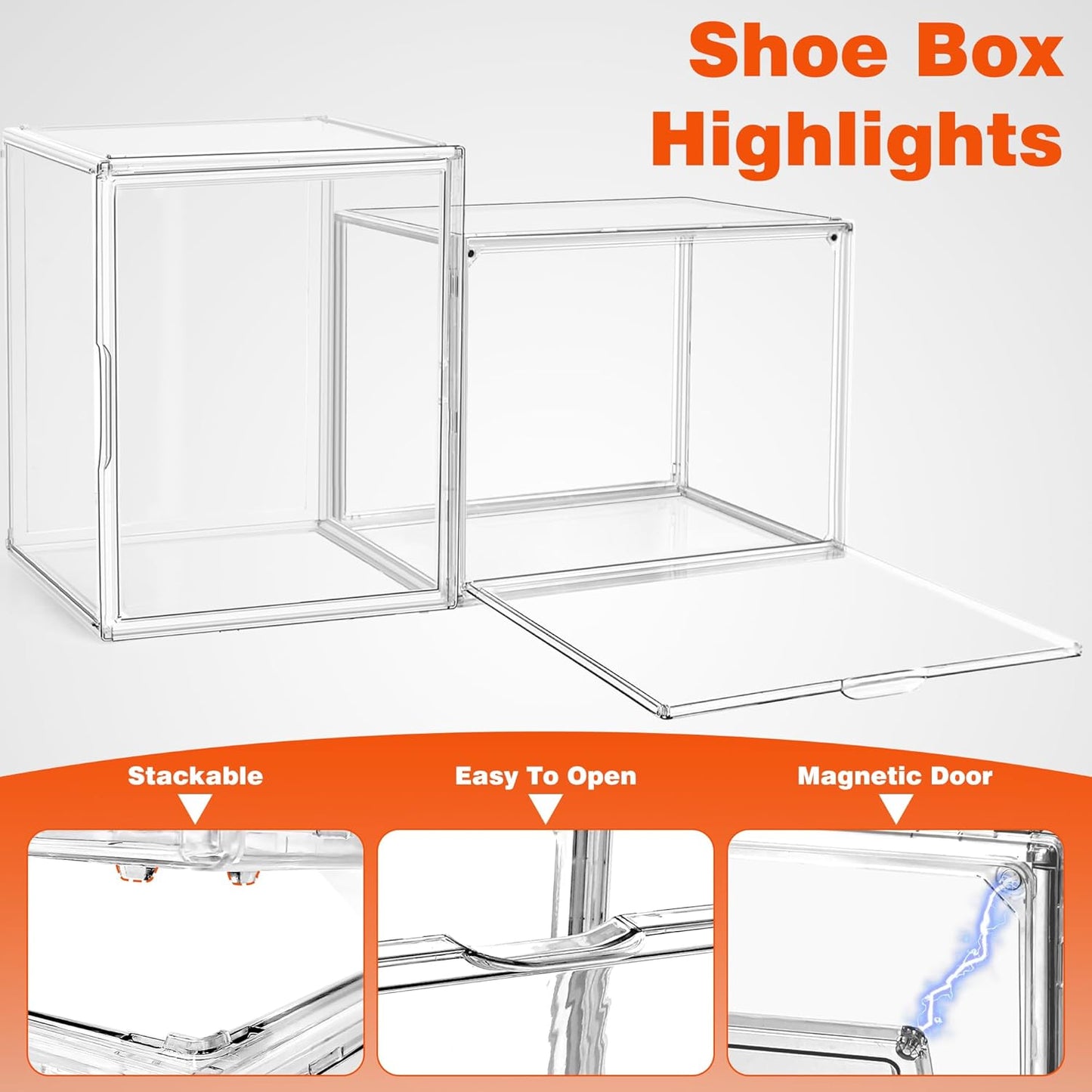 5 Pack XXX-Large Extra Large Acrylic Display Case 17.3'' x 13'' x 13'', Transparent Sneaker Boxes Clear Plastic Stackable Boot & Shoe Boxes Large Showcase for Helmet, Handbag, Figures Collectibles