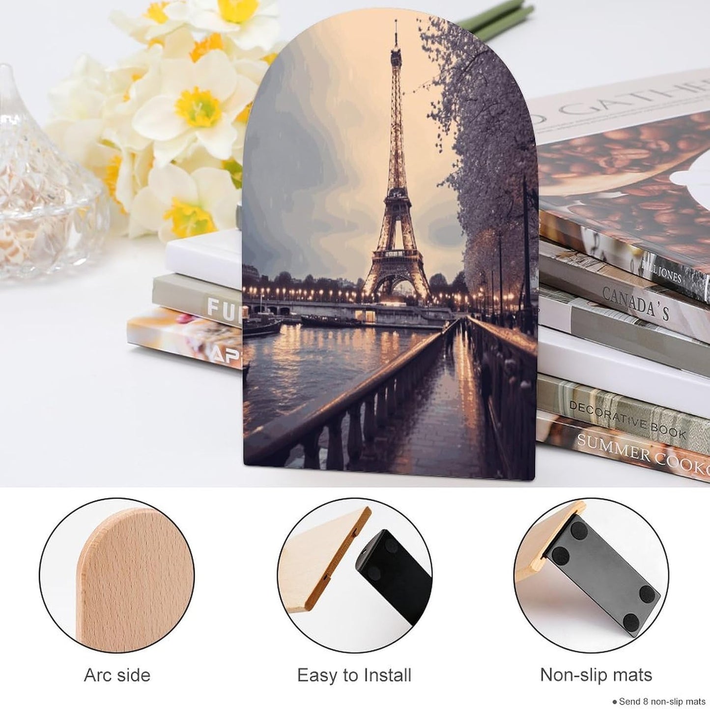 Eiffel Tower Winter Rainy Bookend for Shelves Wooden Book End Large Size Sturdy Book Holders Stoppers with Metal Base for Bookshelves Slick Decorative Bookends Stands