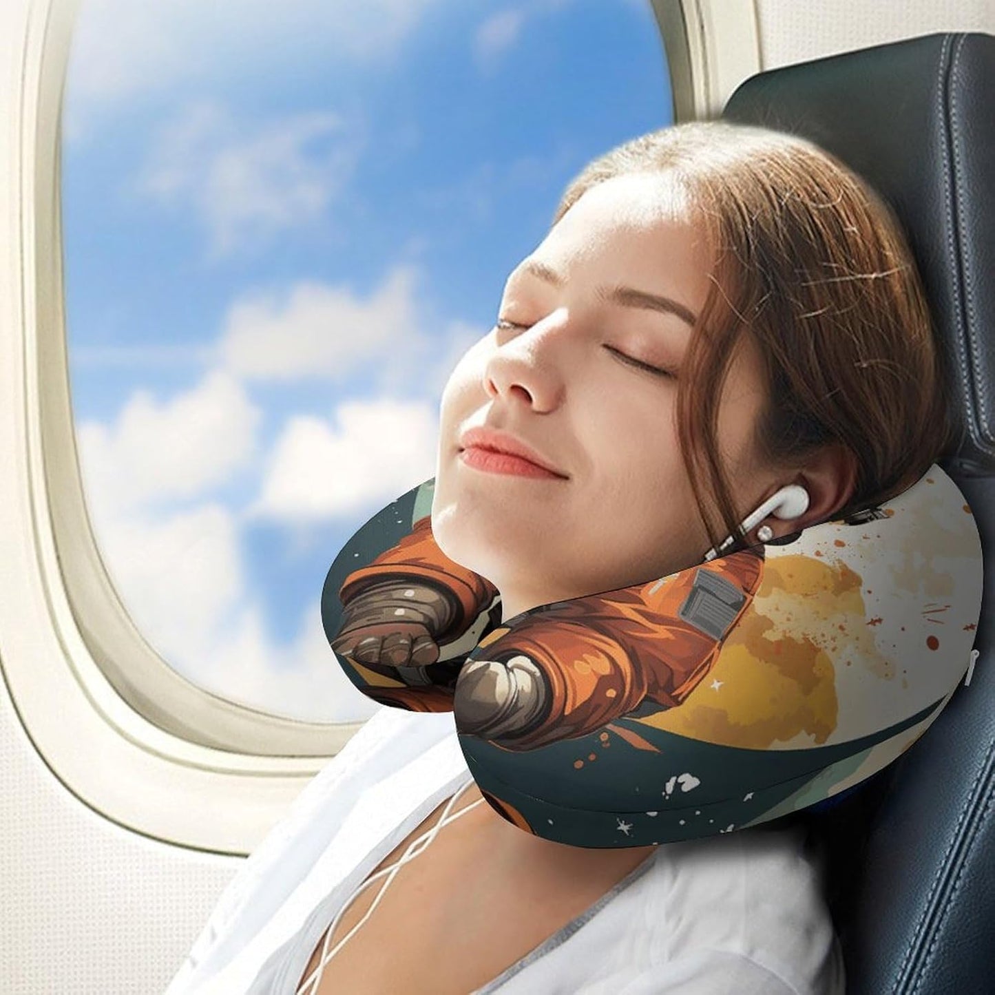 A Cartoon Rabbit Wearing A Space Suit Neck Pillow Memory Foam U Shaped Pillows Portable Pillows for Shoulder Travel Head Support Pillow with Concealed Zipper for Airplane Car Home Office