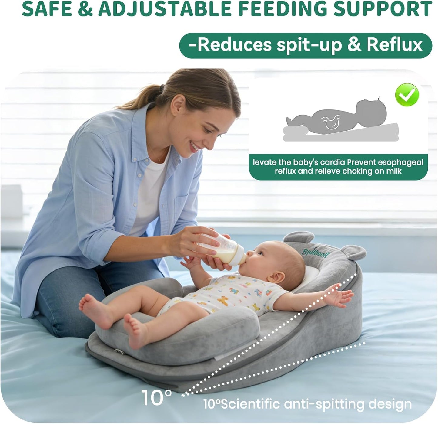Rootling Baby Feeding Pillow, Anti Overflow Feeding Pillow for Reducing Spit-Up, Safety Nursing Pillow, Baby Lounger Reflux Wedge Breastfeeding, Removable top and Bottom