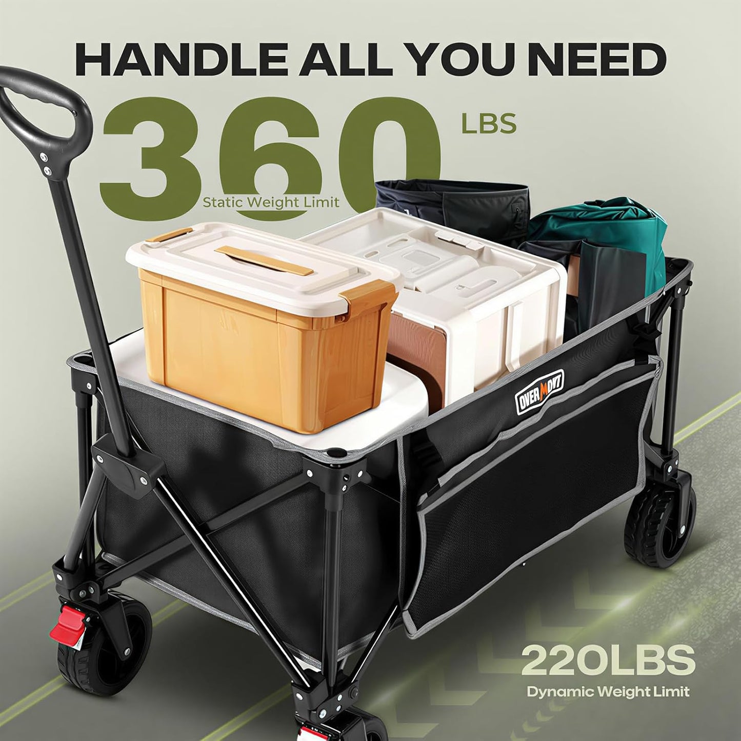 Overmont Collapsible Wagon Cart with Wheels - 180L Foldable Heavy Duty Wagon with Big All-Terrain Wheels - 330Lbs Weight Capacity with Side Pockets for Camping Sports Garden Grocery Shopping Black