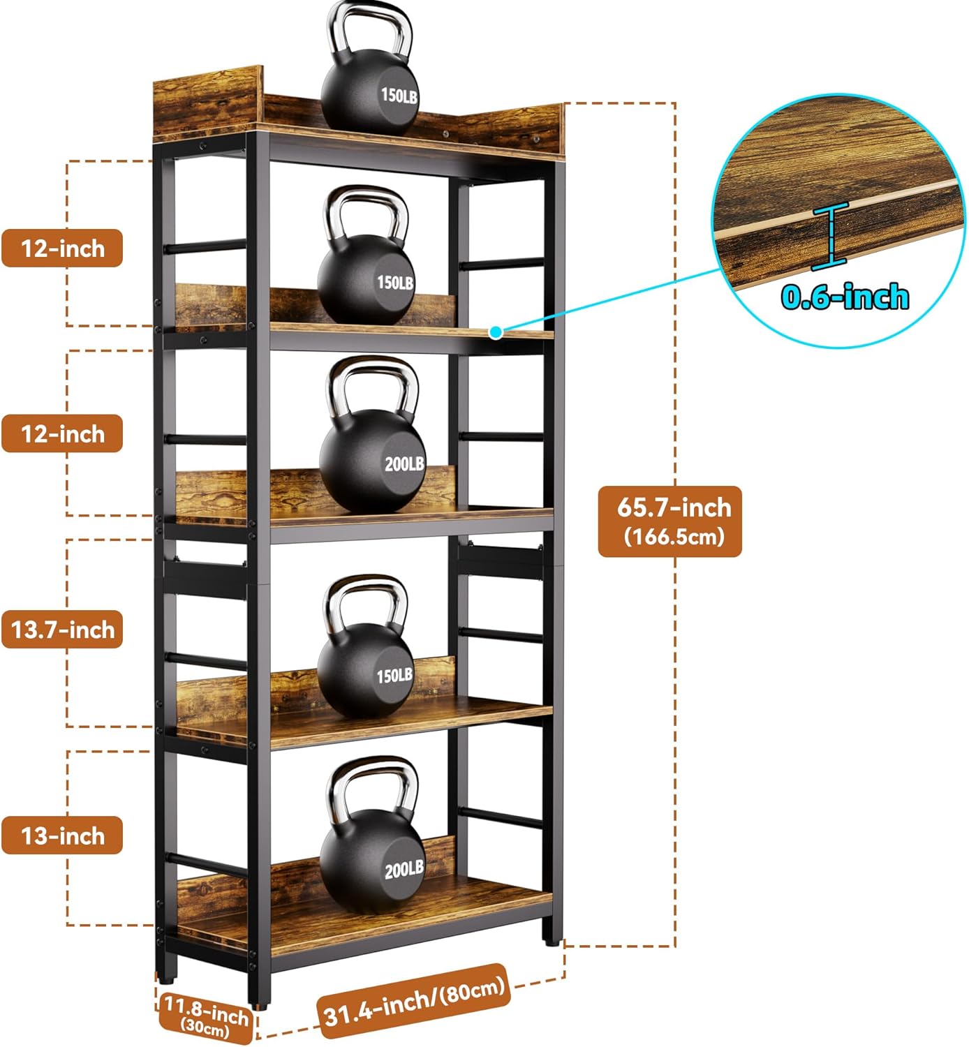 Aquzee Bookshelf, 66" H 5-Tiers Heavy Duty Industrial Shelving Wood & Metal Bookcase, Rustic and Black Tall Shelf Units for Home, Office, Living Room