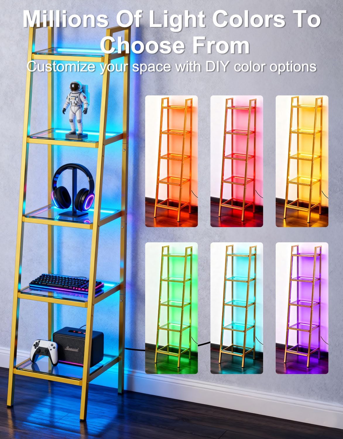 5-Tier Glass Display Shelf with RGB Light, 67" Ladder Bookshelf, Music Sync & 3 CCT, Dimmable App/Remote, Modern Freestanding Corner Storage Rack, Metal Organizer for Living Room Home Office, Gold
