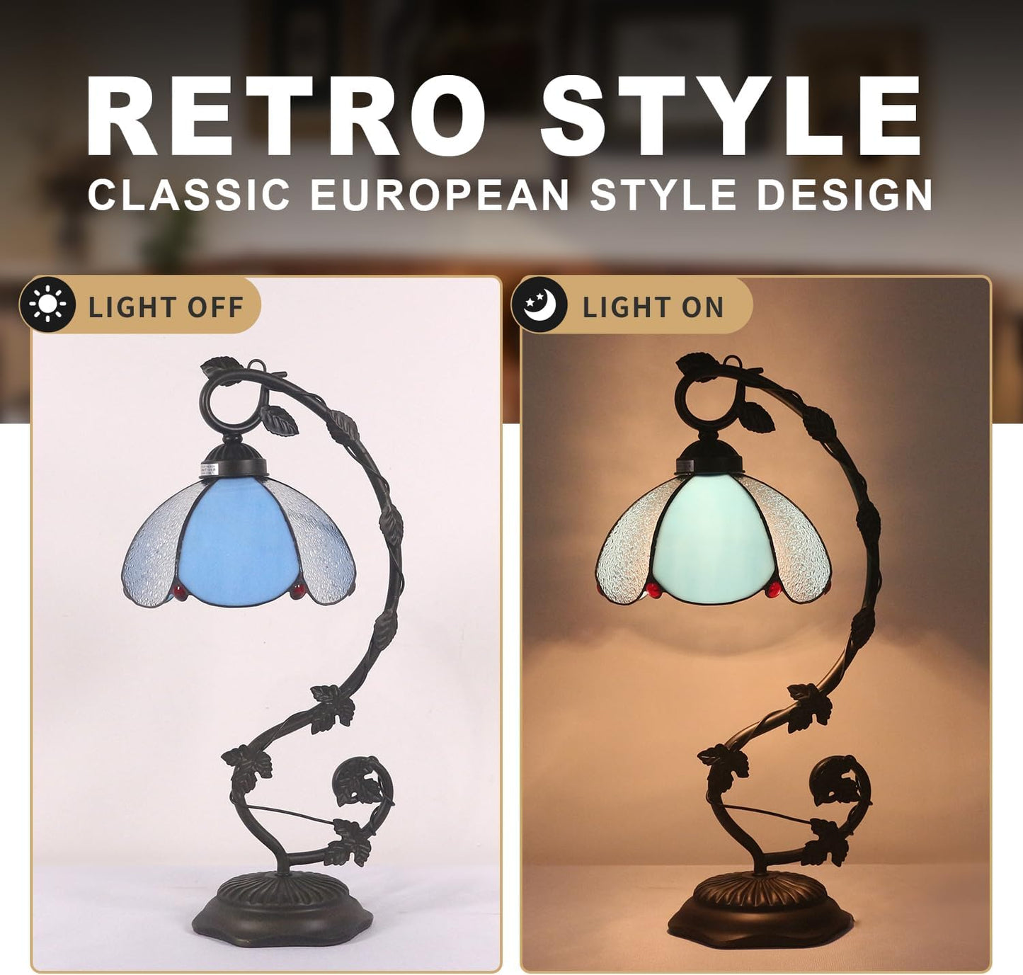 Tiffany Table Lamp, Blue and White Glass Shade with Metal Vine Base, 8x10x20 Inch